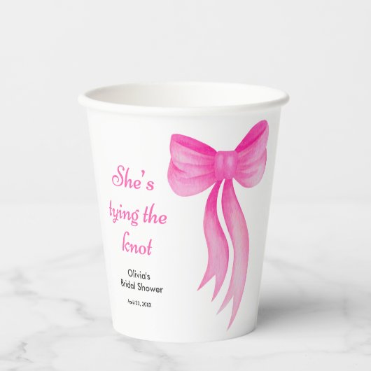 Roze strik zij knoopt de knoop bruidsfeest  papieren bekers (Voorkant)