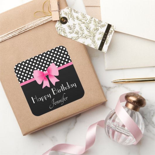 Roze strik zwart en wit Polka Dots Verjaardag Vierkante Sticker (Geschenken)