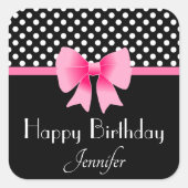 Roze strik zwart en wit Polka Dots Verjaardag Vierkante Sticker (Voorkant)