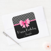 Roze strik zwart en wit Polka Dots Verjaardag Vierkante Sticker (Envelop)