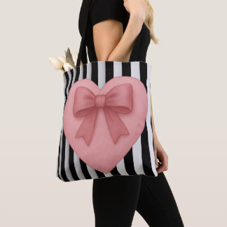 Roze strikdas hart zwart&witte strepen Boodschappe Tote Bag