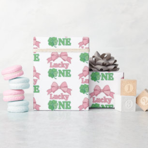 Roze Strikdas Klaver Lucky One Meisje 1e Verjaarda Cadeaupapier