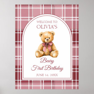 Roze strikdas teddybeer verjaardags welkomstbord poster