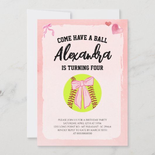 Roze Strikersoftbal Verjaardagsfeestje Kaart (Voorkant)