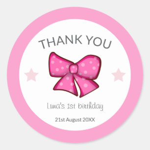 Roze Strikje Dank Je Meisje Kinderen 1e Verjaardag Ronde Sticker