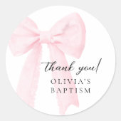 Roze strikje doop ronde sticker (Voorkant)