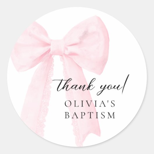 Roze strikje doop ronde sticker (Voorkant)