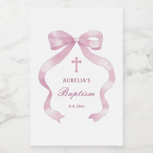 Roze strikje doop wijn etiket (Enkel label)