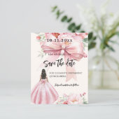 Roze strikje jurk Quinceanera Save the Date kaart (Staand voorkant)