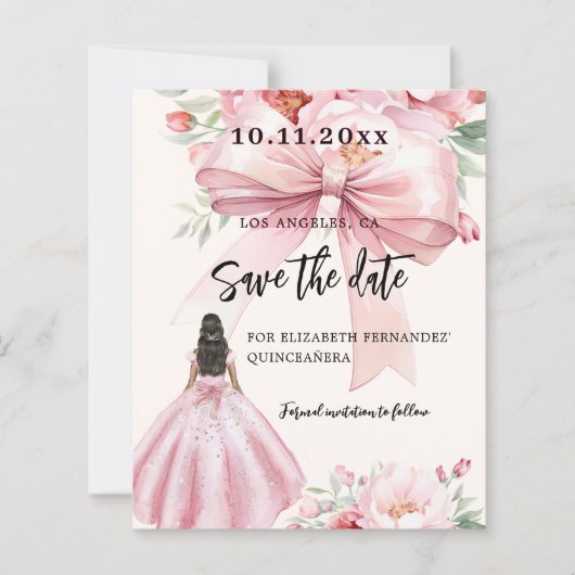 Roze strikje jurk Quinceanera Save the Date kaart (Voorkant)