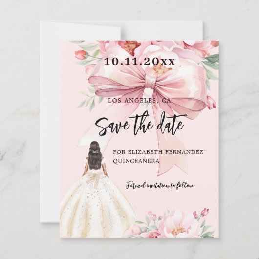 Roze strikje jurk Quinceanera Save the Date kaart (Voorkant)