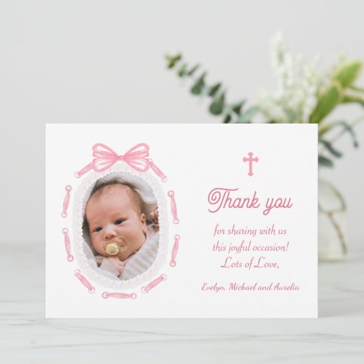 Roze strikje lint Lijst doop dank je kaart (Staand voorkant)