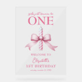 Roze strikje meisjes willen gewoon een 1e verjaard acryl bord (Voorkant)