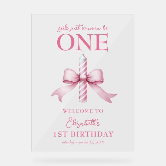 Roze strikje meisjes willen gewoon een 1e verjaard acryl bord (Voorkant)