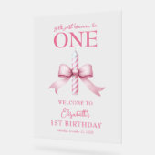 Roze strikje meisjes willen gewoon een 1e verjaard acryl bord (Hoek)