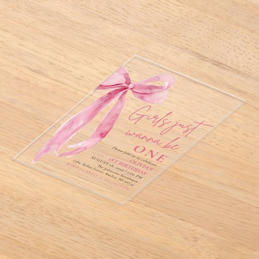 Roze strikje meisjes willen gewoon een 1e verjaard acryl uitnodigingen (Laagn)