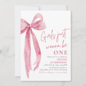 Roze strikje meisjes willen gewoon een 1e verjaard kaart (Voorkant)