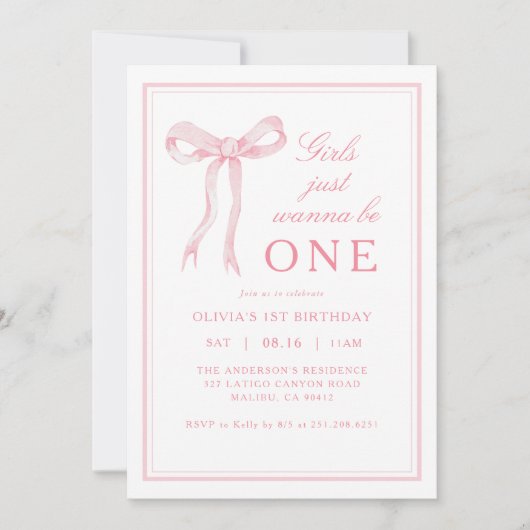 Roze strikje meisjes willen gewoon een 1e verjaard kaart (Voorkant)