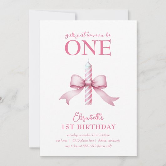 Roze strikje meisjes willen gewoon een 1e verjaard kaart (Voorkant)