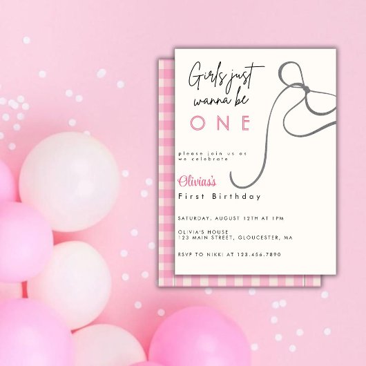 Roze strikje meisjes willen gewoon een 1e verjaard kaart