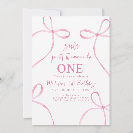 Roze strikje meisjes willen gewoon een 1e verjaard kaart (Voorkant)