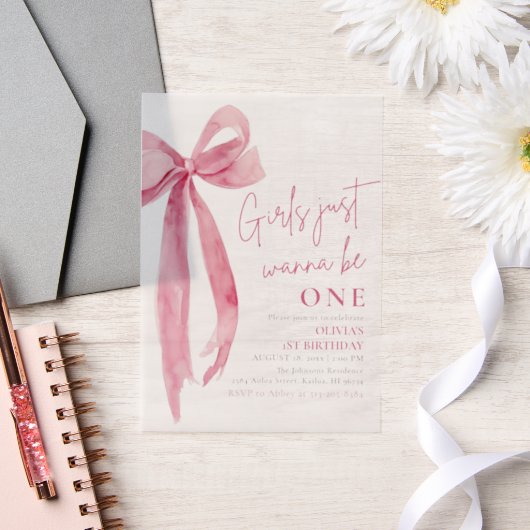Roze strikje meisjes willen gewoon een 1e verjaard vellum uitnodigingen (Huwelijk)