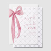 Roze strikje meisjes willen gewoon een 1e verjaard vellum uitnodigingen (Offset (Uitnodiging))