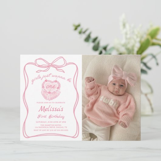 Roze strikje meisjes willen gewoon een verjaardags kaart (Staand voorkant)