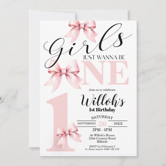 Roze strikje meisjes willen gewoon een verjaardags kaart (Voorkant)