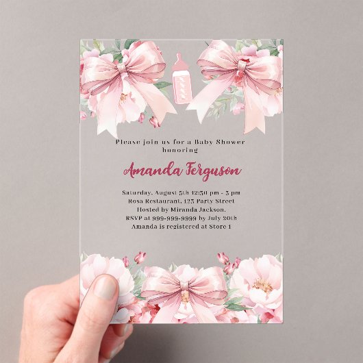 Roze strikjes bloemen meisje fles helder Baby show Acryl Uitnodigingen (Insitu (Draagbaar))