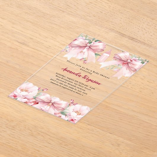 Roze strikjes bloemen meisje fles helder Baby show Acryl Uitnodigingen (Laagn)