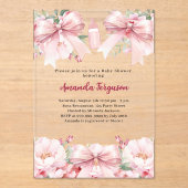 Roze strikjes bloemen meisje fles helder Baby show Acryl Uitnodigingen (Voorkant)