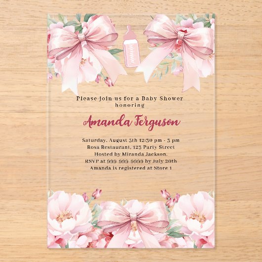 Roze strikjes bloemen meisje fles helder Baby show Acryl Uitnodigingen (Voorkant)