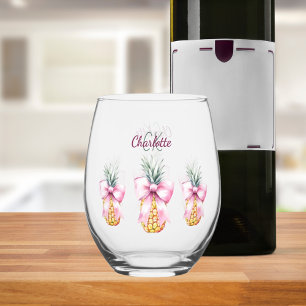 Roze strikken ananassen tropische zomer monogram wijnglas zonder voet