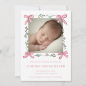 Roze Strikken Groene Kerstbessen Baby Aankondiging (Voorkant)