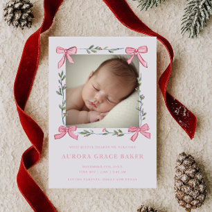 Roze Strikken Groene Kerstbessen Baby Aankondiging