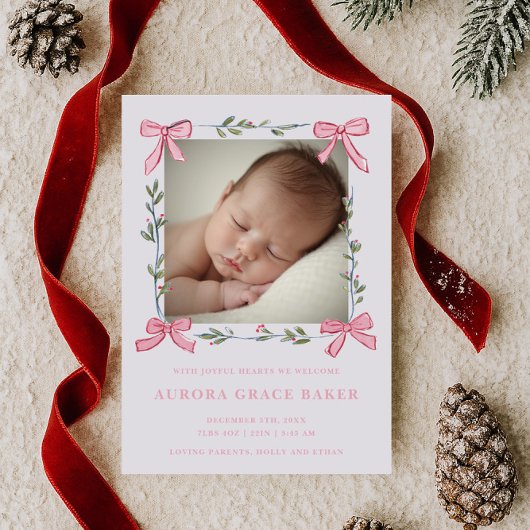 Roze Strikken Groene Kerstbessen Baby Aankondiging