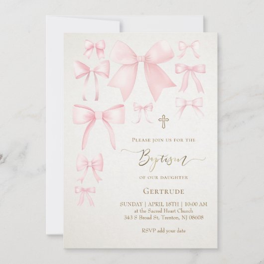 roze strikken ivoor achtergrond baby meisje Doop Kaart (Voorkant)