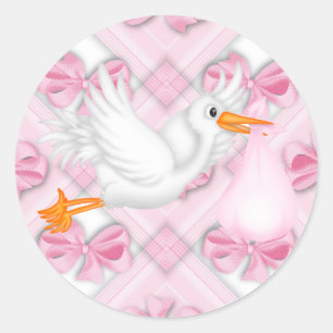 Roze strikken Roze Ooievaar Baby Shower Stickers