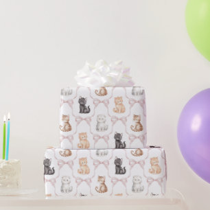 Roze Strikken Schattig Kitten Katten Verjaardag Cadeaupapier