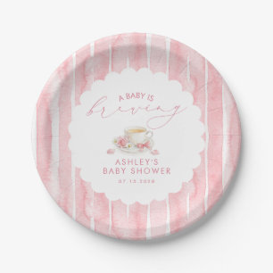 Roze Strikken Thee Baby Is Brewing Meisje Baby Sho Papieren Bordje