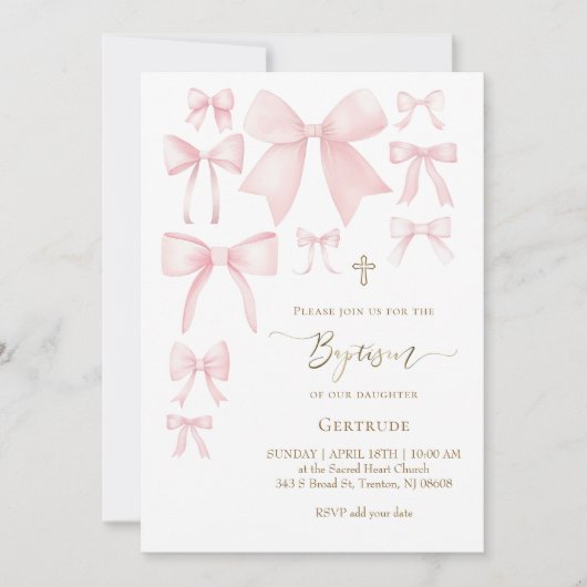 roze strikken witte achtergrond baby meisje Doop Kaart (Voorkant)