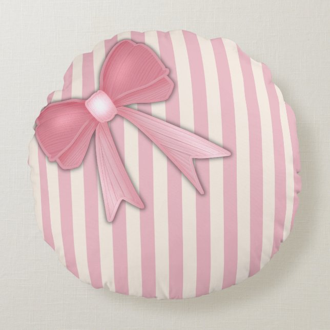 Roze strikkussen. rond kussen (Voorkant)