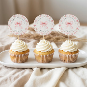 Roze strikte cottage bloem baby shower favor toppe ronde sticker
