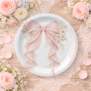 Roze Strikte Lint Bloemrijke Kant Baby Shower Papieren Bordje