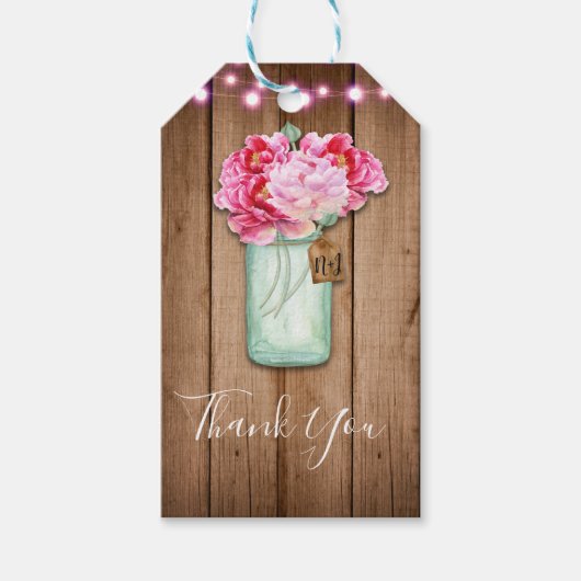 Roze String Lights & Mason Jar Flowers Rustic Wood Cadeaulabel (Voorkant)