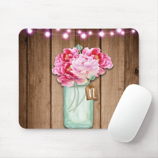Roze String Lights & Mason Jar Flowers Rustic Wood Muismat (Met muis)