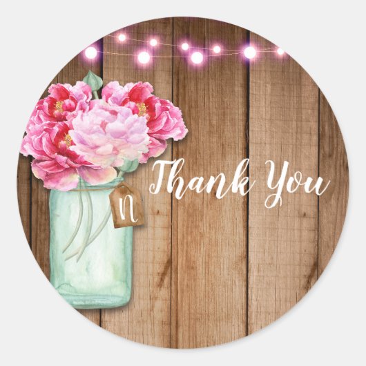 Roze String Lights & Mason Jar Flowers Rustic Wood Ronde Sticker (Voorkant)