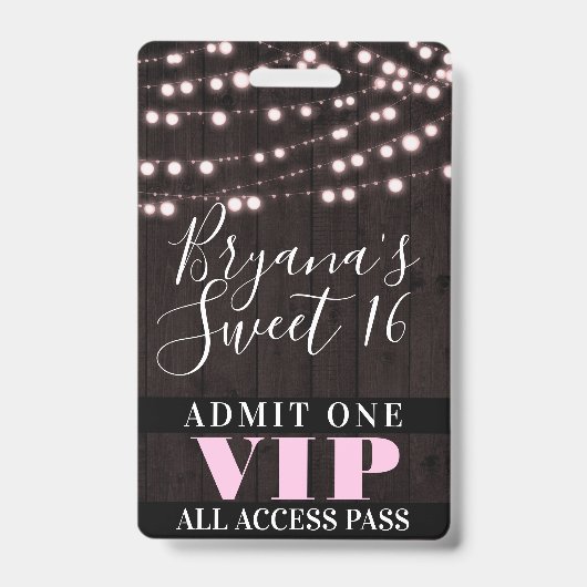 Roze String Lights Sweet 16 Party VIP Pass Badge (Voorkant)