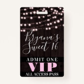 Roze String Lights Sweet 16 Party VIP Pass Badge (Achterkant)